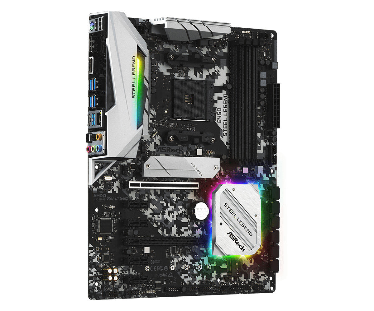 Asrock B450 STEEL LEGEND, AMD B450, AM4, ATX, 4 DDR4, HDMI, DP, XFire, Durabilidad sólida como una roca, Iluminación RGB, M.2