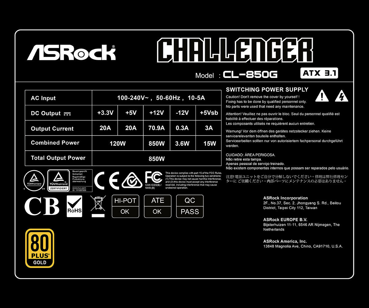 Asrock CL-850G power supply unit 850 W 20+4 pin ATX ATX Black