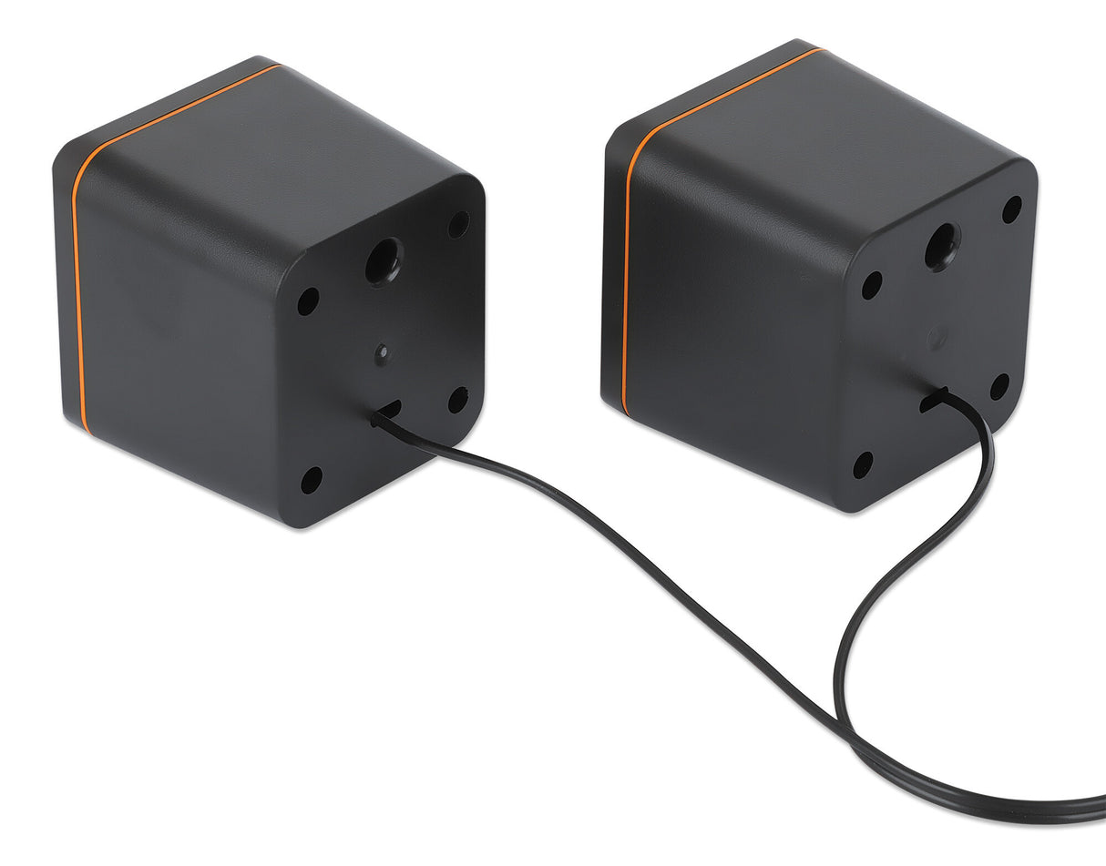 Manhattan 2600 Series Speaker System, Two Speakers, Black/Orange, USB for Stereo Audio and Power, Output: 2x 3W, Decent Sound, Integrated rotary volume control, USB-C/USB-A Adapter, Cable 1.4m, Three Year Warranty