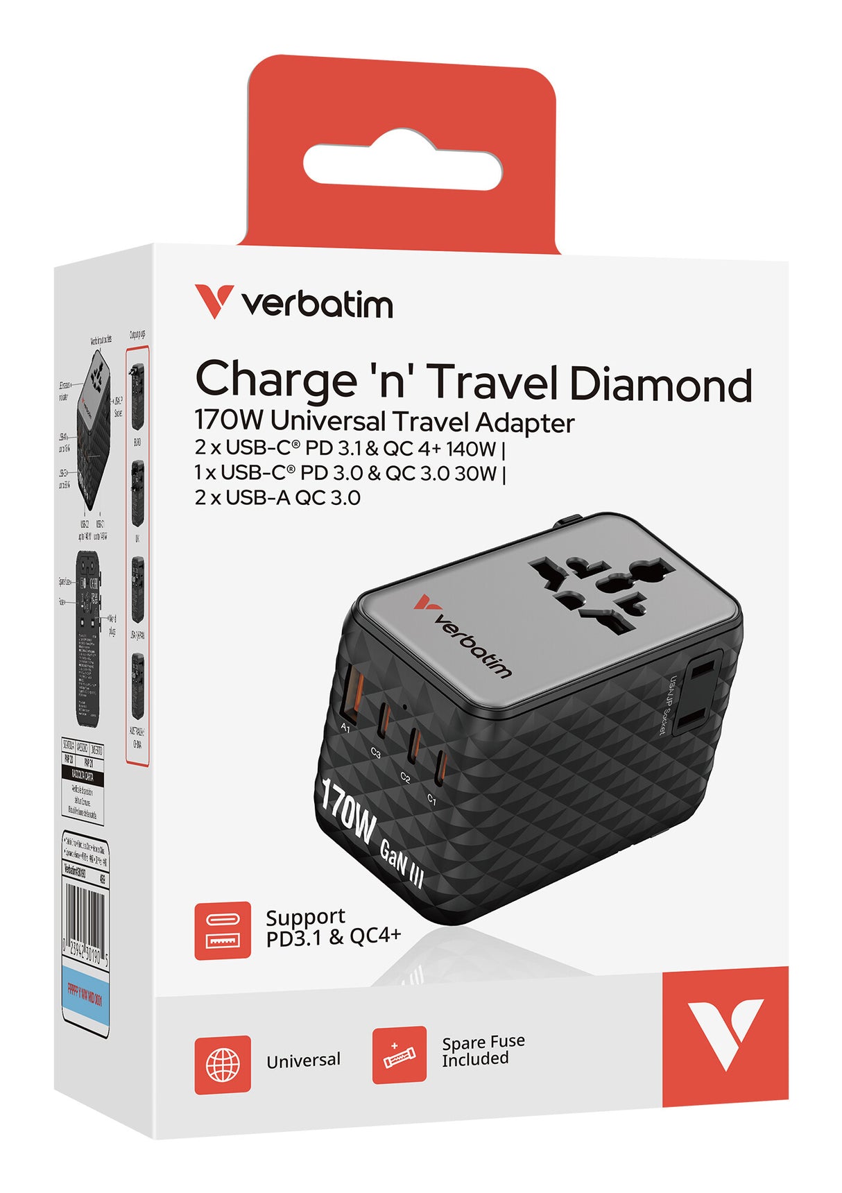 Verbatim Charge 'n' Travel 170W Universal Travel Adapter Black
