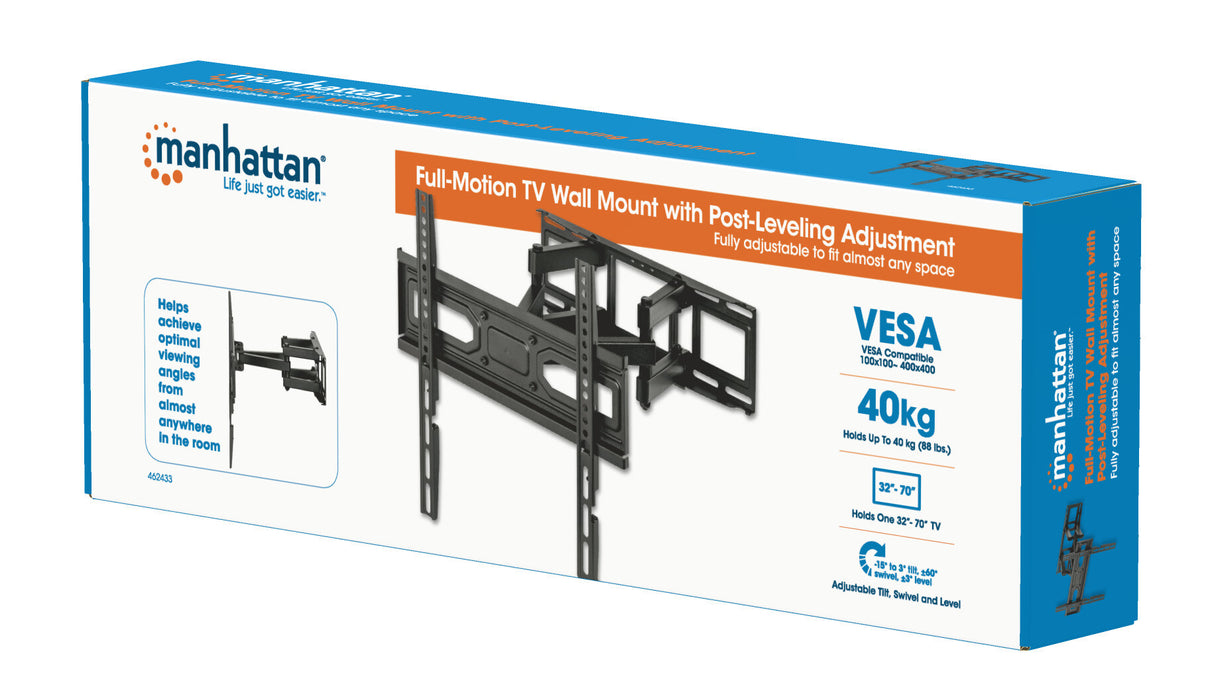 Manhattan Wall Mount for TV & Monitors (Full Motion), For screens 32" to 55", VESA compatability: all between 100x100mm and 400x400mm - check the dimensions of the four mounting holes on back of screen to ensure it fits, Max 40kg, Black, Bracket, Lifetime