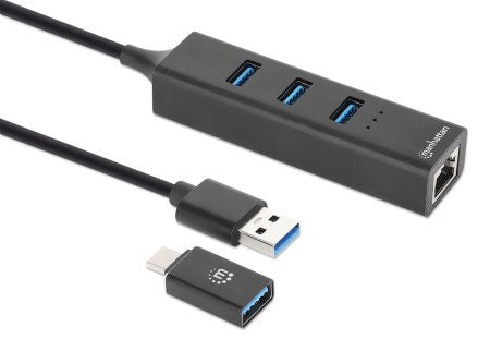 Manhattan USB-C & USB-A Combo Dock/Hub, Ports (4): Ethernet and USB-A (x3), 5 Gbps (USB 3.2 Gen1 aka USB 3.0), External Power Supply Not Needed, Universal for all devices, USB-A Male with Attachable USB-C Male Adapter, SuperSpeed USB, Black, Three Year Wa