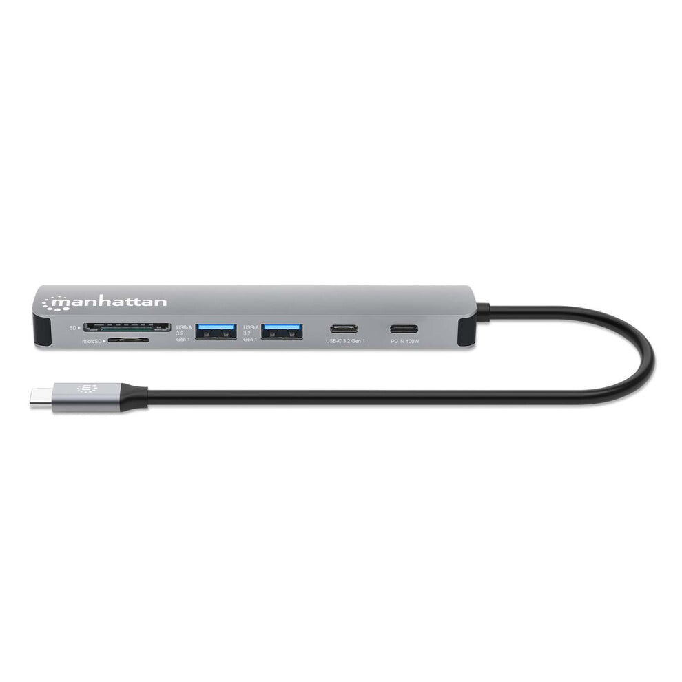 Manhattan USB-C Dock/Hub with Card Reader, Ports (x5): HDMI, USB-A (x2) and USB-C (x2), with Power Delivery (PD) 100W- requires external USB-C charger (not included). USB powered (no external power supply required) when PD is not in use