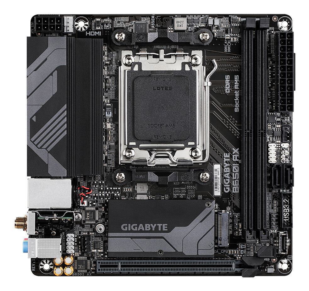 GIGABYTE B650I AX Motherboard - AMD Ryzen 9000 Series CPUs, 5+2+1 Phases VRM, up to 6400MHz DDR5 (OC), 1xPCIe 4.0 M.2, 2.5GbE LAN, WIFI 6E, USB 3.2 Gen 2