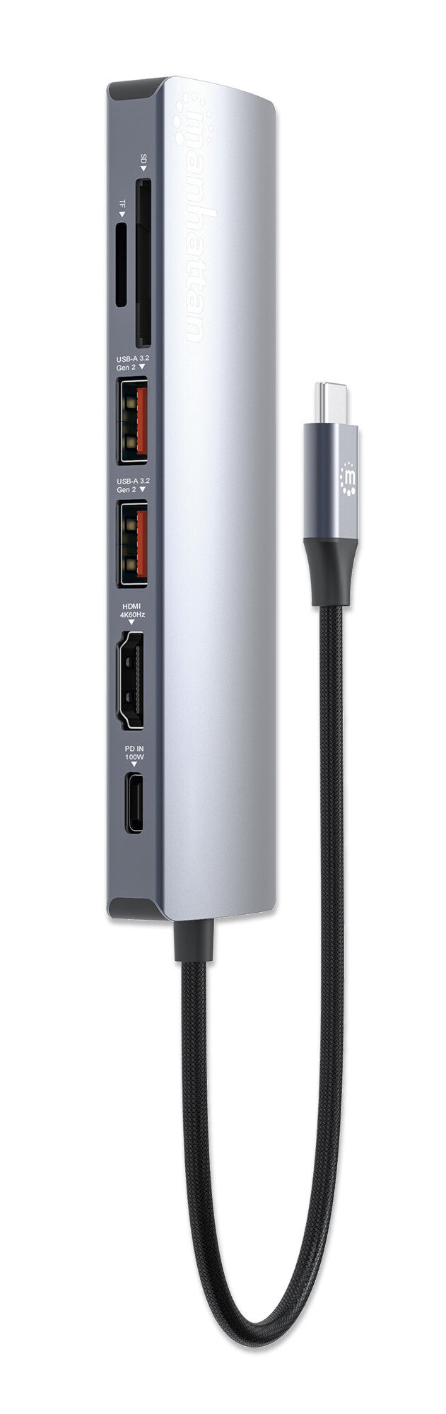 Manhattan USB-C Dock/Hub with Card Reader, Ports (x5): Ethernet, HDMI, USB-A (x2) and USB-C, With Power Delivery (100W) to USB-C Port (Note additional USB-C wall charger and USB-C cable needed), USB 3.2 Gen 1, All Ports can be used at the same time, Unive