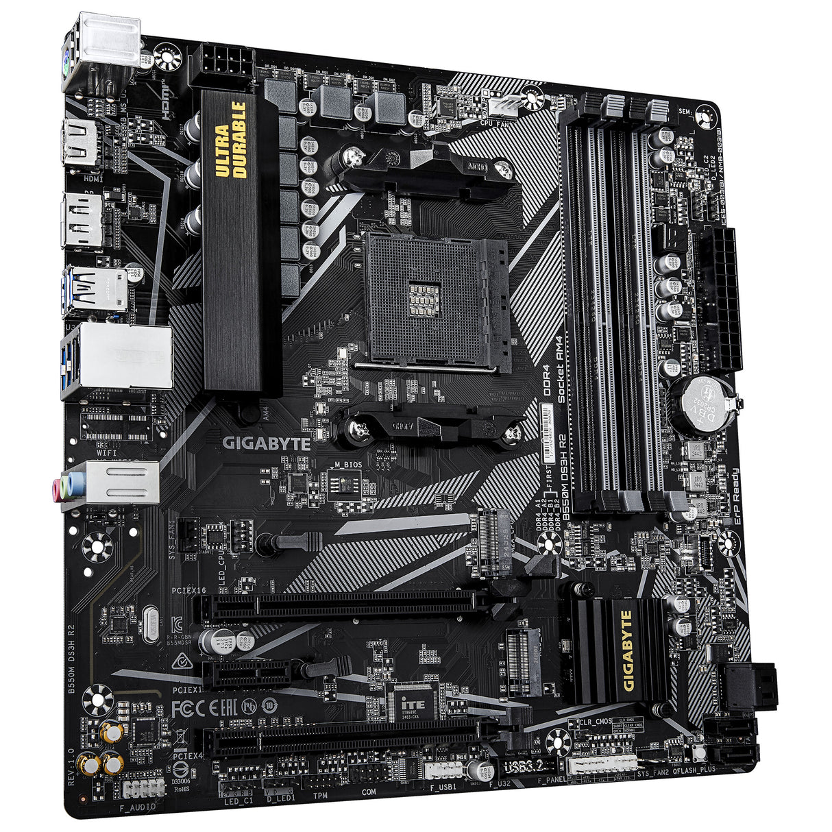 GIGABYTE B550M DS3H R2 Motherboard - AMD Ryzen 5000 CPUs, 5+3 Phases VRM, up to 4733MHz DDR4 (O.C.), 1xPCIe 4.0 + 1xPCIe 3.0 M.2, 1GbE LAN, USB 3.2 Gen 1
