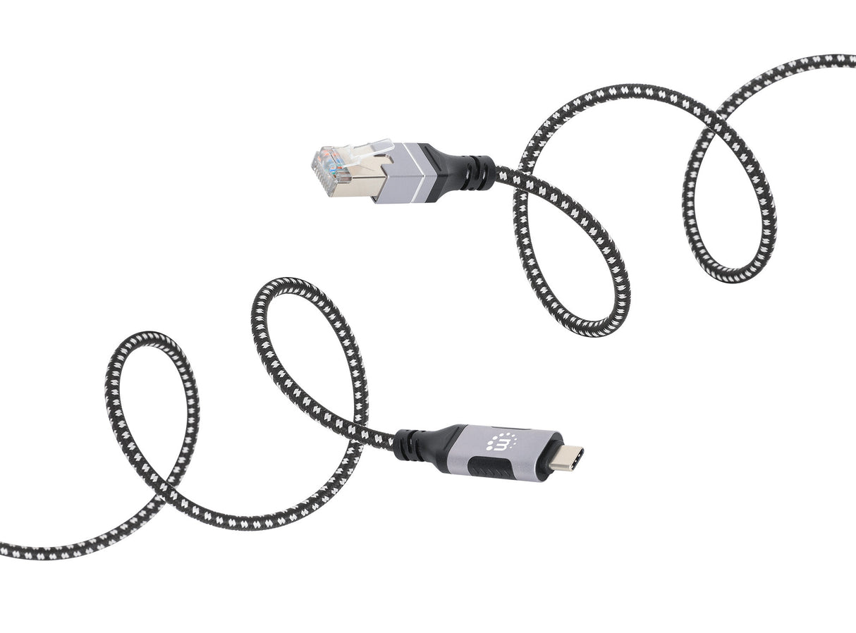 Manhattan USB-C to Gigabit (10/100/1000 Mbps) Network Ethernet RJ45 Cable, Length 2m, Multi-Gigabit Ethernet, Black/Silver, Three Year Warranty