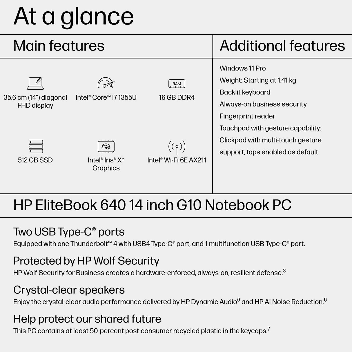 HP EliteBook 640 G10 Intel® Core™ i7 i7-1355U Laptop 35.6 cm (14") Full HD 16 GB DDR4-SDRAM 512 GB SSD Wi-Fi 6E (802.11ax) Windows 11 Pro Silver