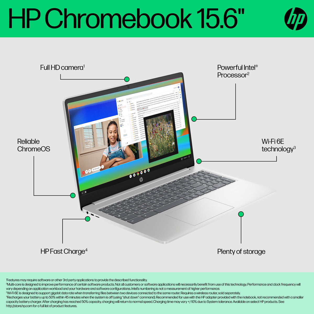 HP Chromebook 15a-nb0004na Intel® Core™ i3 i3-N305 39.6 cm (15.6") Full HD 8 GB LPDDR5-SDRAM 256 GB Flash Wi-Fi 6 (802.11ax) ChromeOS Silver