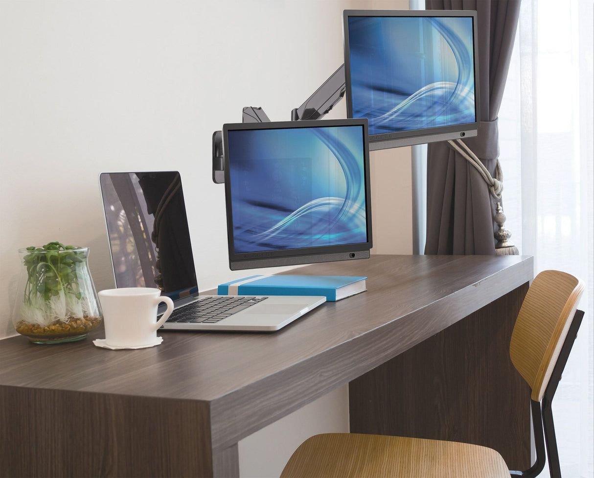 Manhattan Dual Wall Mount for TV & Monitors (Full Motion Gas Spring), For screens 17" to 32", VESA compatability: 75x75mm and 100x100mm - check the dimensions of the four mounting holes on back of screen to ensure it fits, Max 8kg each, Black, Bracket, Th