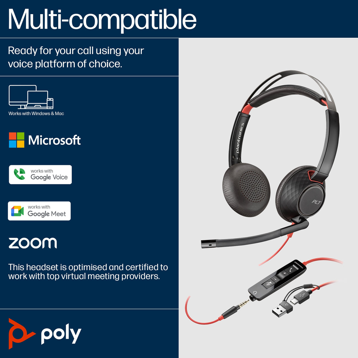POLY Blackwire 5220 Stereo USB-C Headset +3.5mm Plug +USB-C/A Adapter (Bulk)