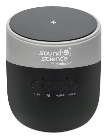 Manhattan Metallic Bluetooth Speaker with Wireless Charging Pad, Decent Sound Output (3W), 3 hour Playback time, Wireless Pad 5W, Integrated Controls, Range 10m, microSD card reader, USB-A charging cable incl, Bluetooth 5.0, 3 Years Warranty