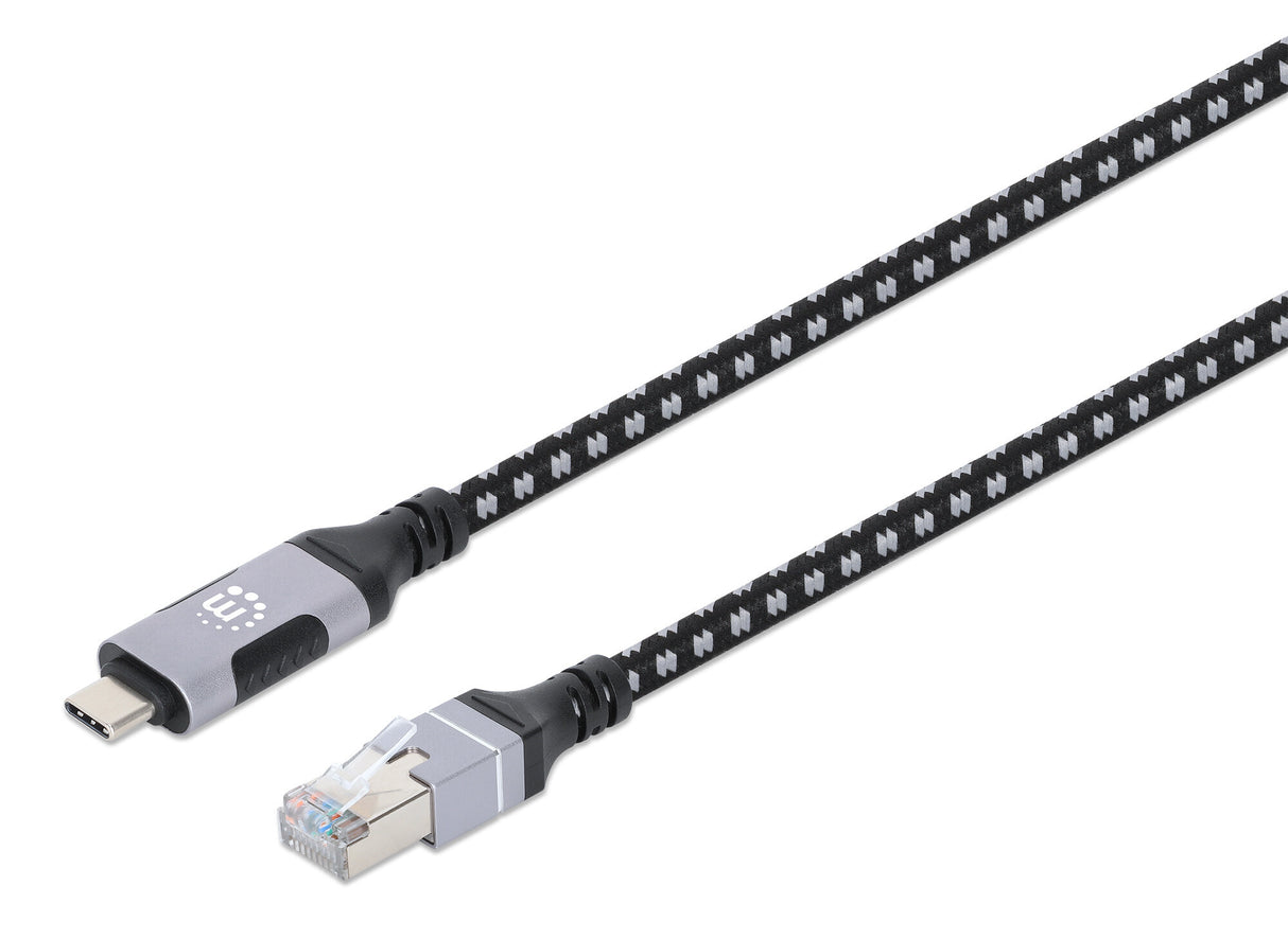Manhattan USB-C to Gigabit (10/100/1000 Mbps) Network Ethernet RJ45 Cable, Length 2m, Multi-Gigabit Ethernet, Black/Silver, Three Year Warranty