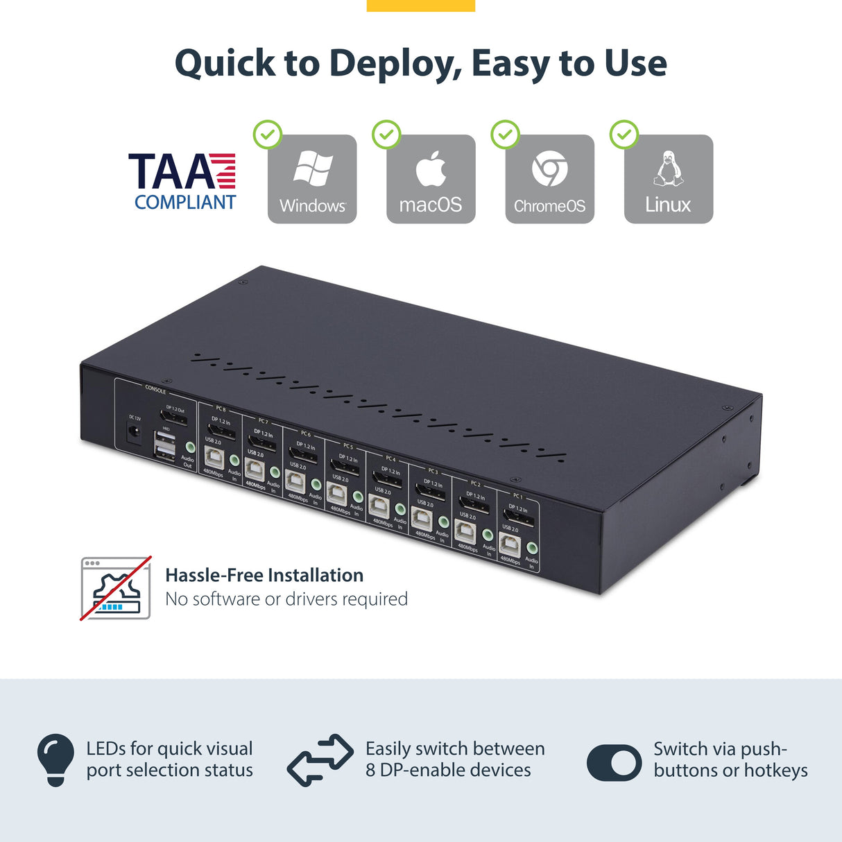 StarTech.com 8-Port DisplayPort KVM Switch with 1U Rack Mount Kit, 4K 60Hz DP 1.2, Push-Button & Hotkey Switching, 4-Port USB Hub, OS Independent, TAA Compliant