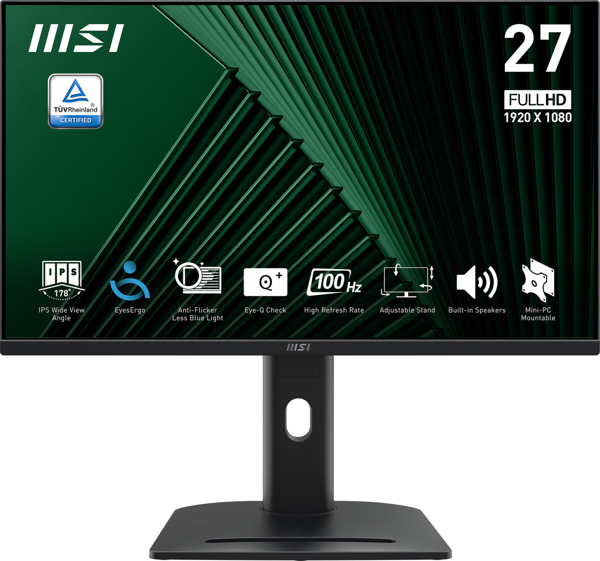 MSI PRO MP275PG 27 Inch Monitor, FHD (1920 x 1080), 100Hz, IPS, 1ms, 1x HDMI 1.4b, 1x DP 1.2a output, 1x D-Sub(VGA), Built-in Speakers, Anti-Glare, Anti-Flicker, Less Blue light, TÜV Certified, VESA, Kensington, 4-way adjustable stand, Black