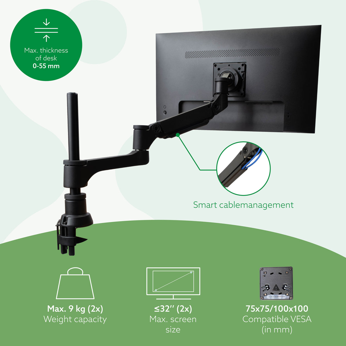 R-Go Tools Monitor arm R-Go Caparo Dual, for two monitors, adjustable with gas spring, 3-9 kg load capacity, 100% circular, black