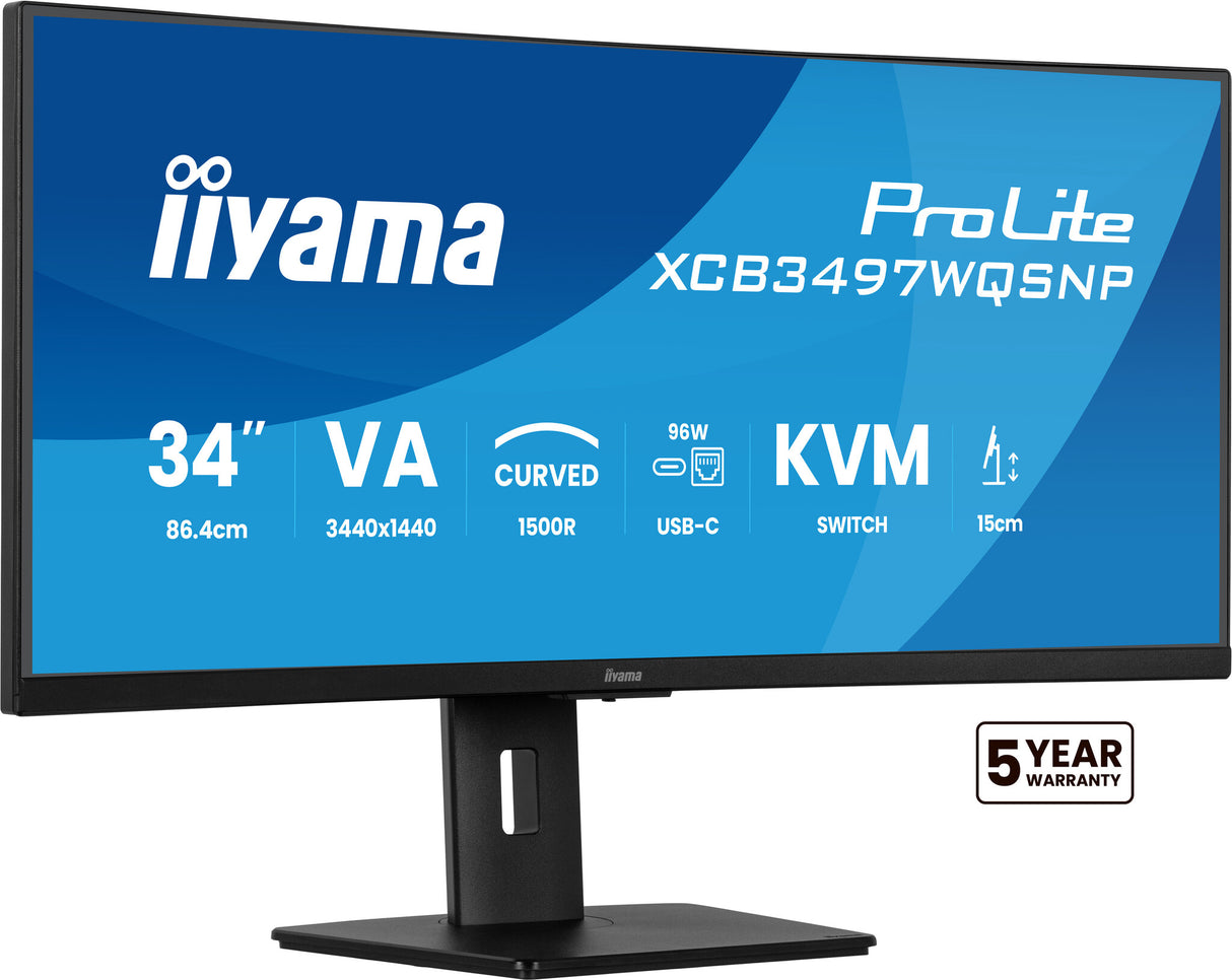 iiyama ProLite 34’’ UWQHD curved monitor with USB-C dock, LAN, KVM switch and 15cm height adjustable stand