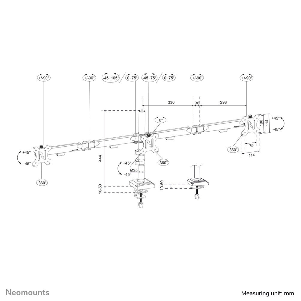 Neomounts DS60-600BL3 Monitor arm 10-27" - Quick-fix - 180°-stop