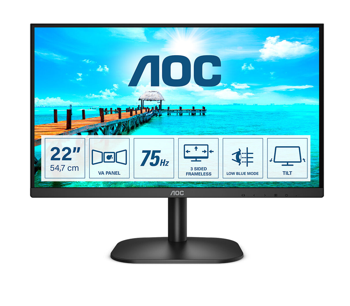 Moniteur sans cadre AOC 22B2H/EU 21,5 pouces, Full HD, écran large, VGA, HDMI, 4 ms, 75 Hz, VESA, inclinaison