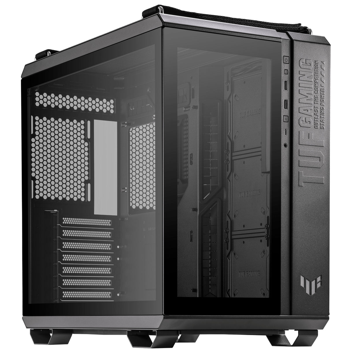 Asus TUF Gaming GT502 Boîtier avec fenêtre avant et latérale en verre, ATX, double chambre, conception modulaire, bouton de commande LED, USB-C, poignées de transport, noir