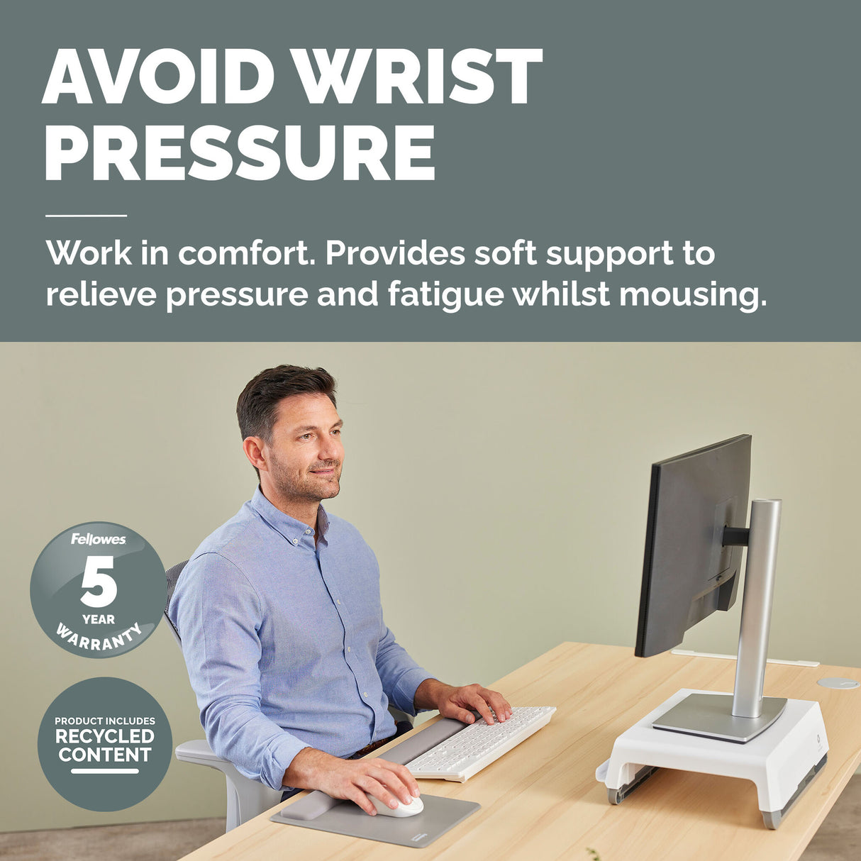 Fellowes Breyta XL Mouse Mat Wrist Rest XL Mouse Pad Wrist Support with Antibacterial Protection Ergonomic Mouse Mat Grey