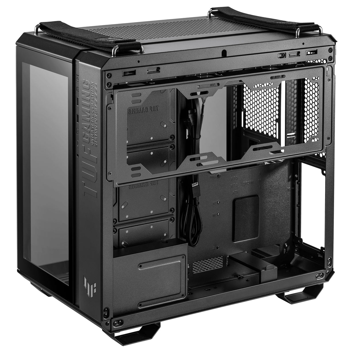 Asus TUF Gaming GT502 Boîtier avec fenêtre avant et latérale en verre, ATX, double chambre, conception modulaire, bouton de commande LED, USB-C, poignées de transport, noir