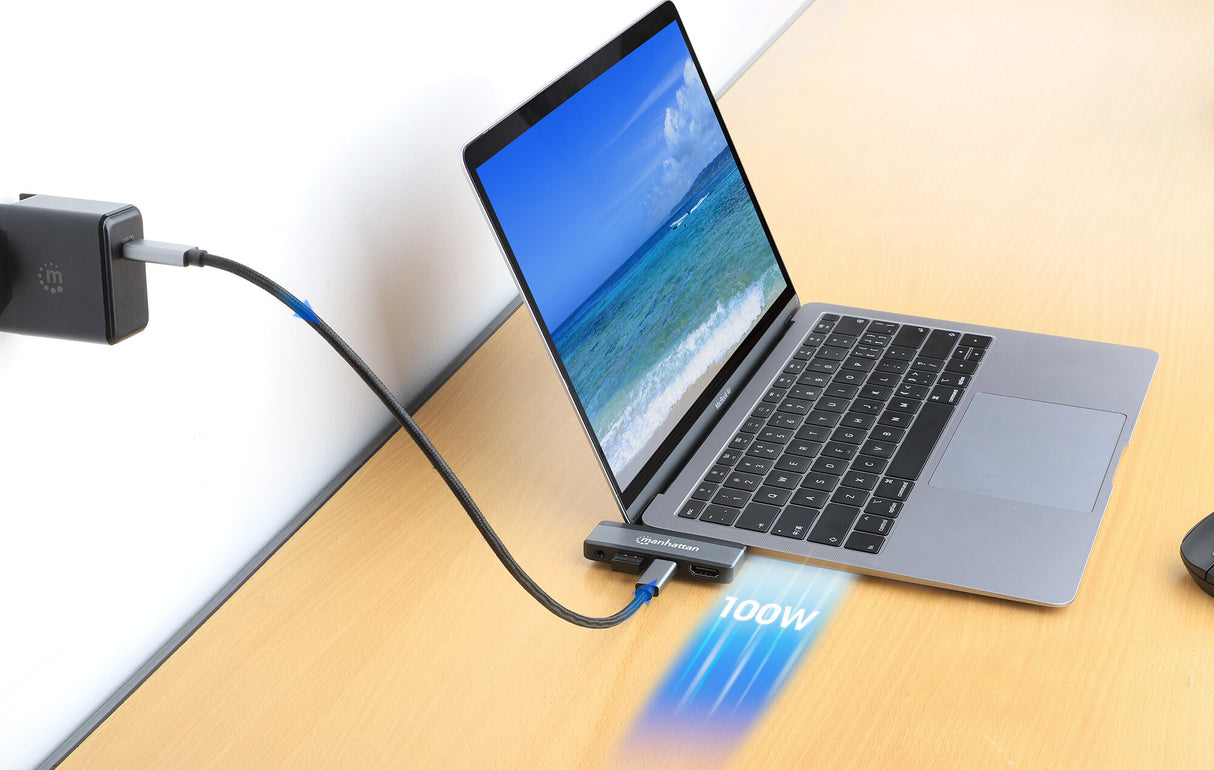 Manhattan USB-C Travel Dock/Hub, Ports (x4): HDMI, USB-A, USB-C and 3.5mm audio, With Power Delivery (100W) to USB-C Port, USB powered (no external power supply required)