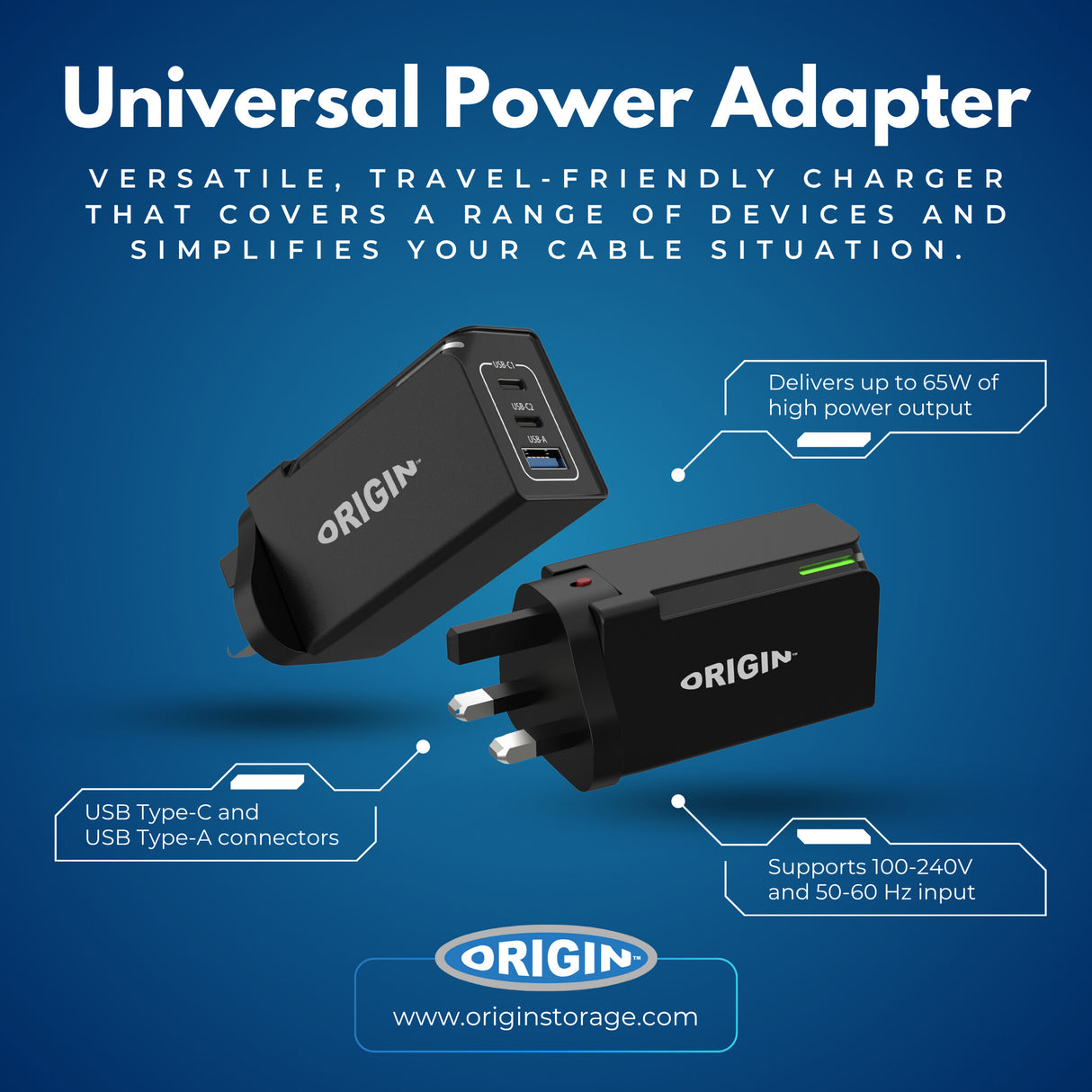 Origin Storage Origin 65W Wall Charger with 2in1 UK/US plug