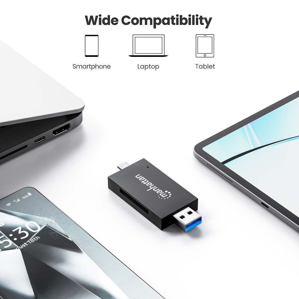 Manhattan USB-A / USB-C combo Multi-Card Reader/Writer, 5 Gbps (USB 3.2 Gen1 aka USB 3.0), Male to microSD and SD/MMC Slots, Mini Format, SuperSpeed USB, Windows or Mac, Black/Transparent, Three Year Warranty