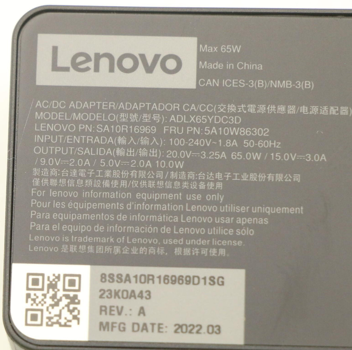 Lenovo 5A10W86302 power adapter/inverter Indoor 65 W Black