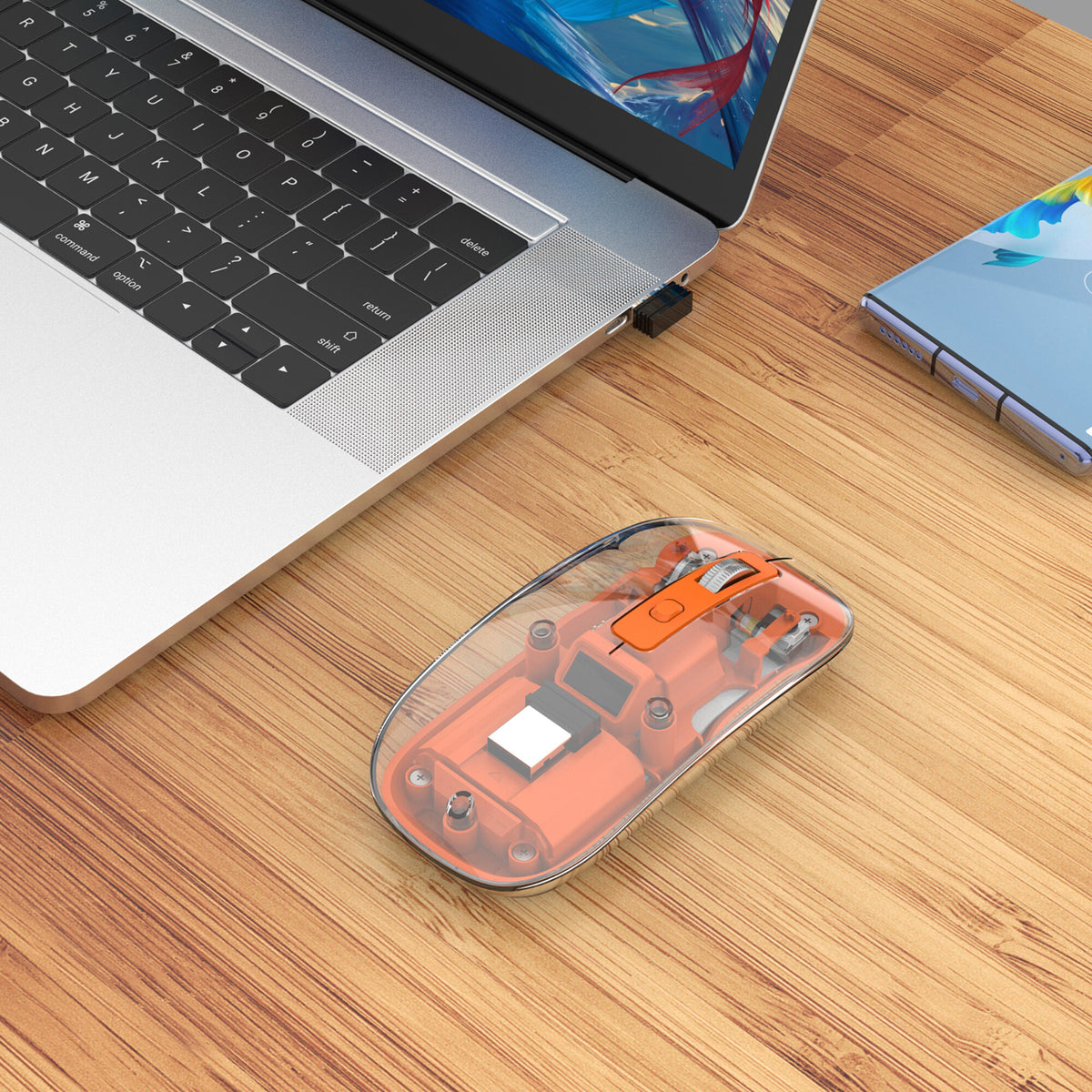 Manhattan Transparent Rechargeable Wireless Mouse, Clear/Orange, Adjustable 800/1200/1600dpi, With RGB LED light, 2.4Ghz (effective range up to 10m), USB, Optical, Ambidextrous, Four Button with Scroll Wheel, Slim Design, USB-A micro receiver, Lithium Ion