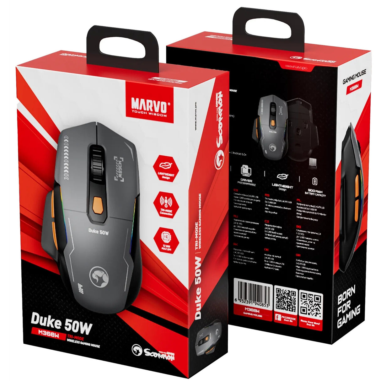 Marvo Duke 50 M368W Wireless Gaming , Tri-Mode Connectivity USB, 2.4GHz & Bluetooth, 6 DPI levels (800 - 12800), 1000Hz Polling Rate, 13 Mode RGB Backlighting, 79g mouse