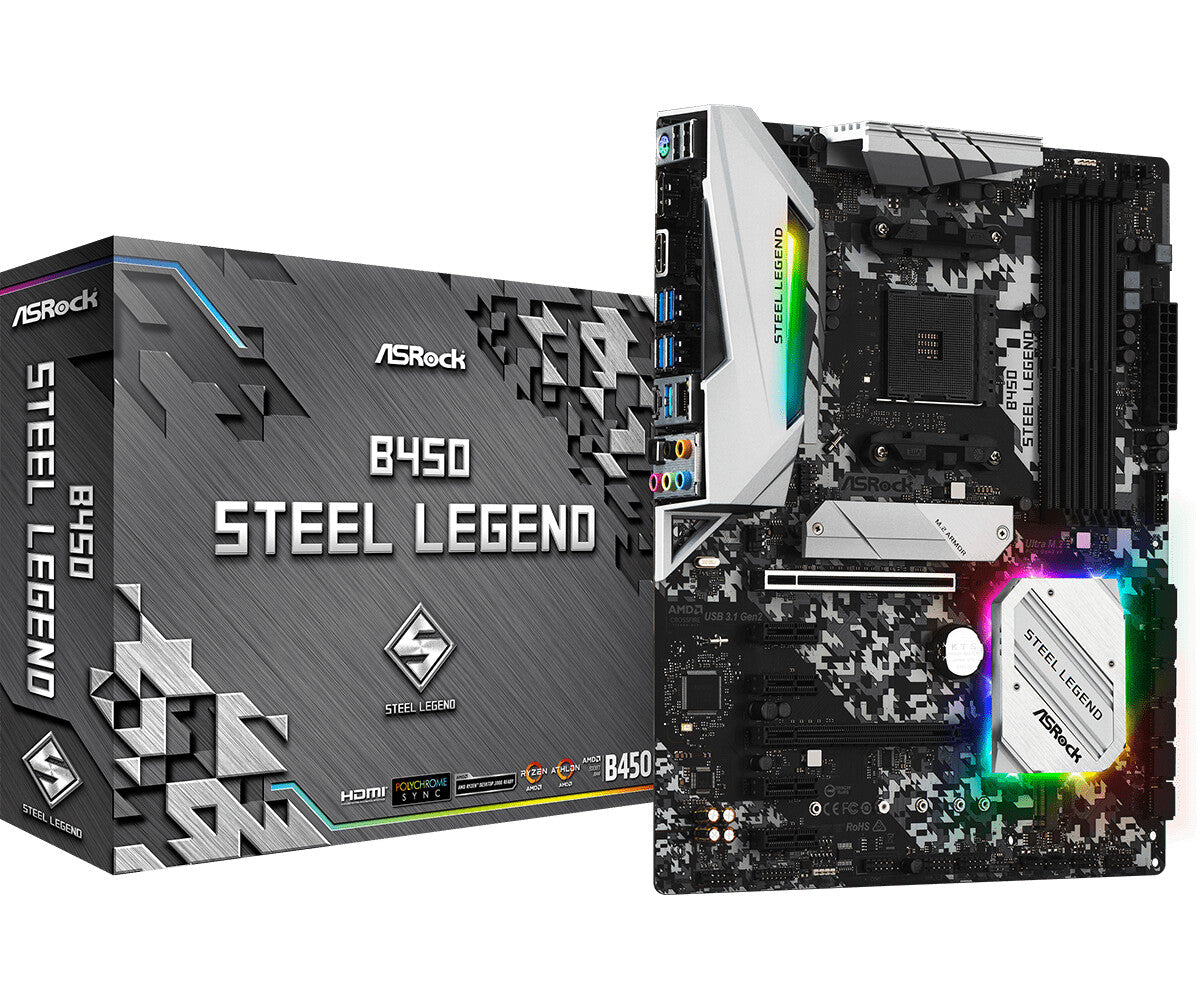 Asrock B450 STEEL LEGEND, AMD B450, AM4, ATX, 4 DDR4, HDMI, DP, XFire, Durabilidad sólida como una roca, Iluminación RGB, M.2
