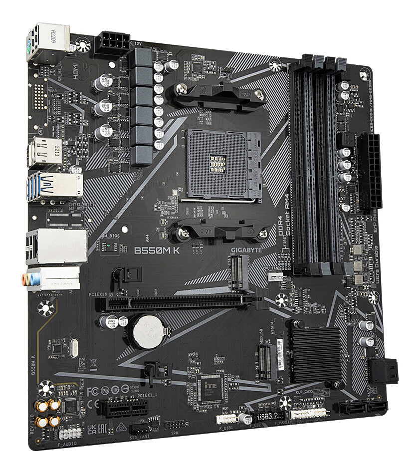 GIGABYTE B550M K Motherboard - AMD Ryzen 5000 CPUs, up to 4733MHz DDR4, 1xPCIe 4.0 + 1xPCIe 3.0 M.2, 1GbE LAN, USB 3.2 Gen 1