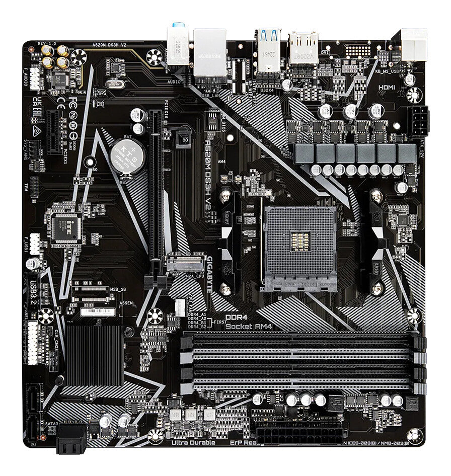 GIGABYTE A520M DS3H V2 Motherboard - Supports AMD Ryzen 5000 Series AM4 CPUs, up to 4733MHz DDR4 (OC), PCIe 3.0 x16, GbE LAN, USB 3.2 Gen 1
