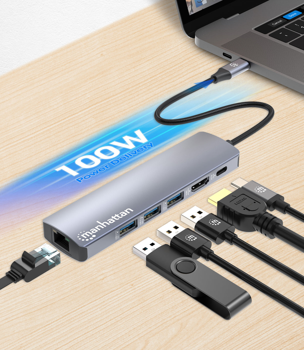 Manhattan USB-C Dock/Hub, Ports (x6): Ethernet, HDMI, USB-A (x3) and USB-C, with Power Delivery (PD) 100W- requires external USB-C charger (not included). USB powered (no external power supply required) when PD is not in use
