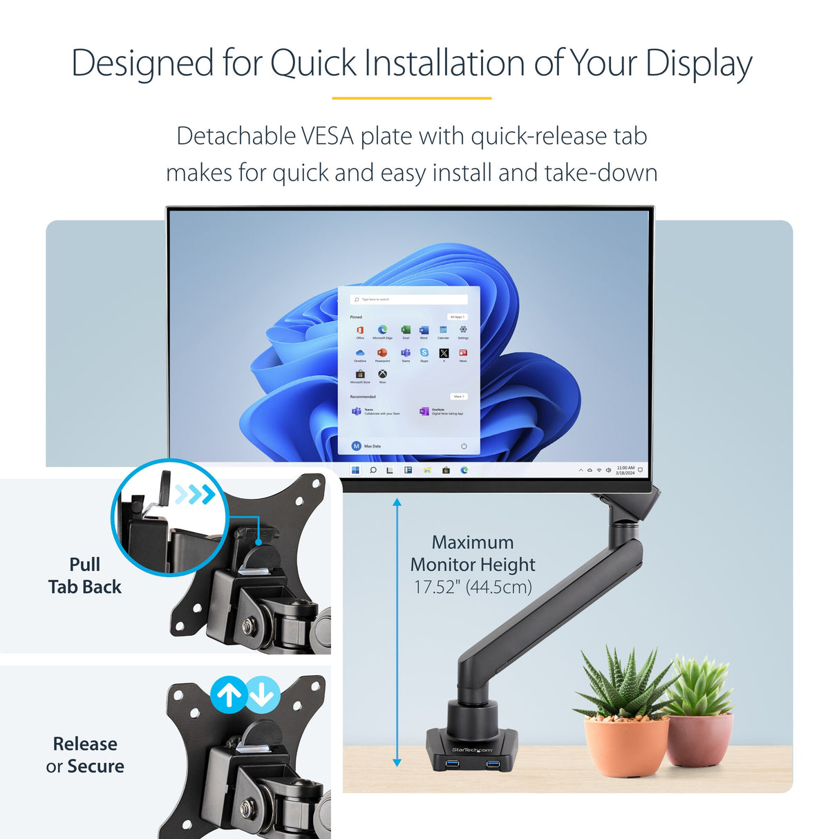 StarTech.com Desk Mount Monitor Arm with 2x USB 3.0 ports, Slim Full Motion Single Monitor Mount, up to 34" (17.6lb/8kg) VESA Display, Clamp/Grommet Mount, Mechanical Spring