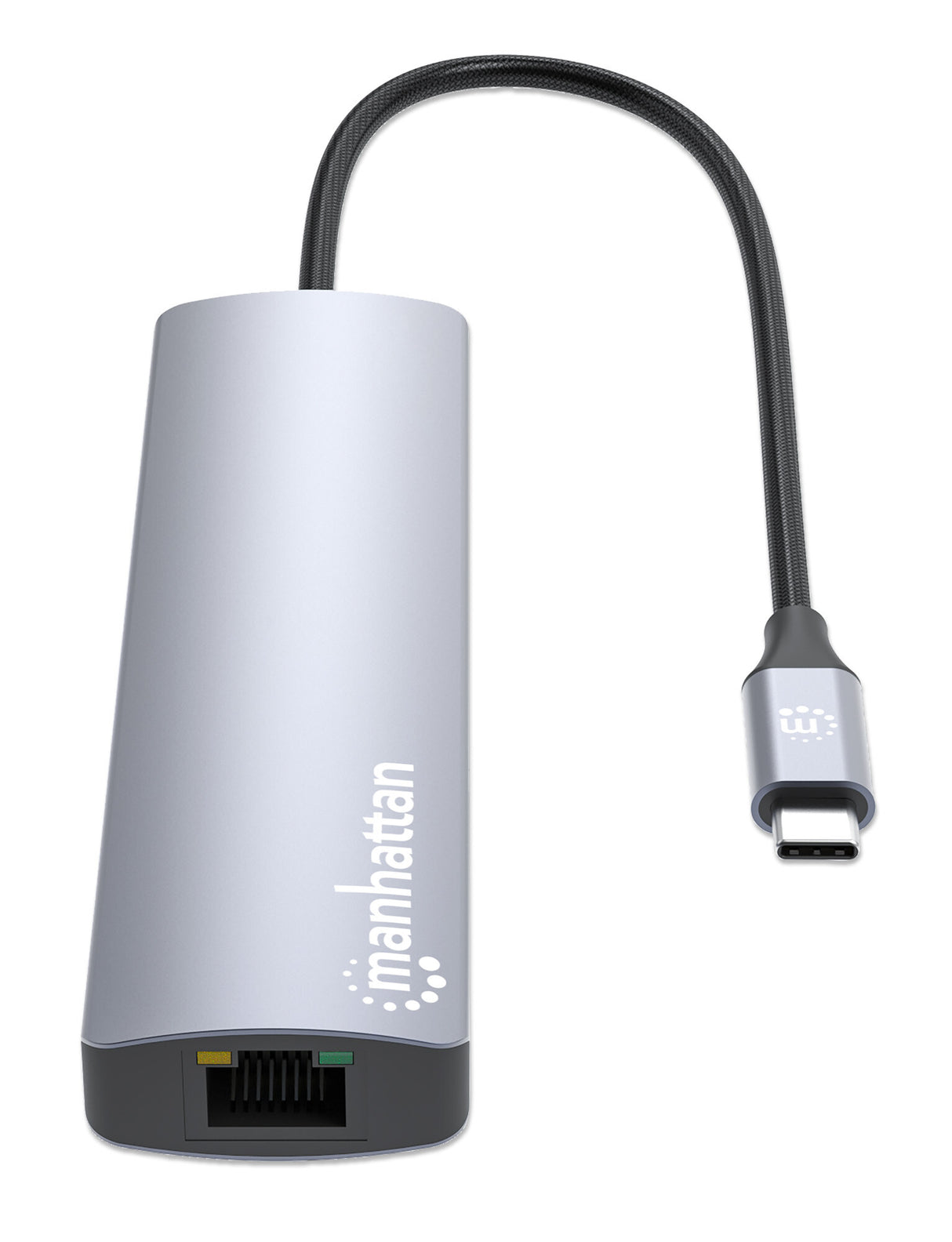 Manhattan USB-C Dock/Hub, Ports (x6): Ethernet, HDMI, USB-A (x3) and USB-C, with Power Delivery (PD) 100W- requires external USB-C charger (not included). USB powered (no external power supply required) when PD is not in use