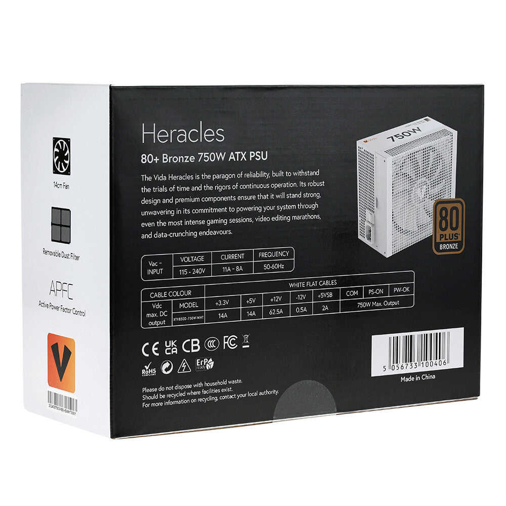VIDA 750W Heracles White ATX Gaming PSU, 80+ Bronze, 14cm Ultra-Quiet FDM Fan, Flat White Cables, Power Lead Not Included