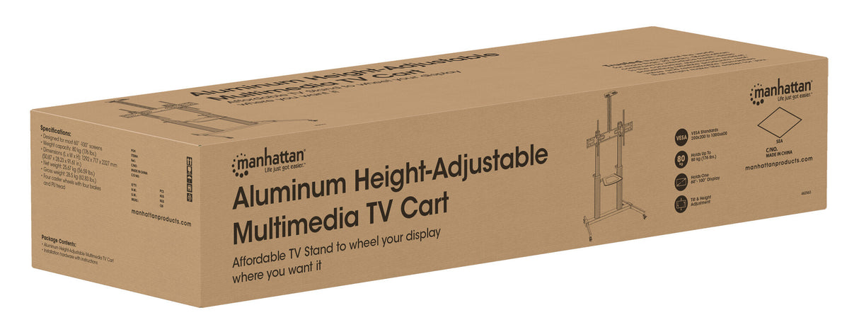 Manhattan Trolley Mount Stand for TV & Monitors, For screens: 37" to 100",VESA compatibility:all between 200x200 to 1000x600mm -check the dimensions of the four mounting holes on back of screen to ensure it fits,Max 80kg,Height adjustable 1200 to 1600mm,L