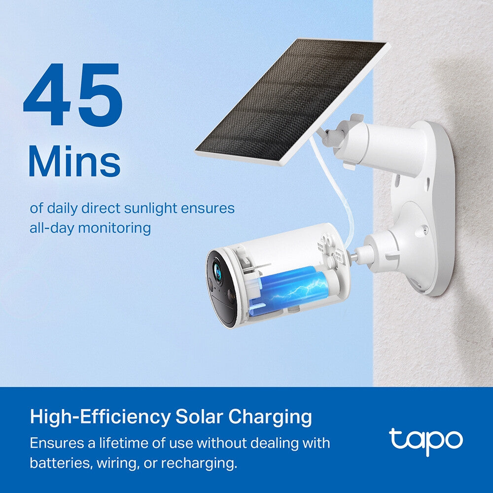TP-Link Tapo Solar Panel SPEC: 5.2V 2.5W FEATURE: Type-C Charging Port, Non-Stop Power, Flexible Solar Installation, Works with Battery Camera, 4m Charging Cable(Total), Weatherproof (IP65)