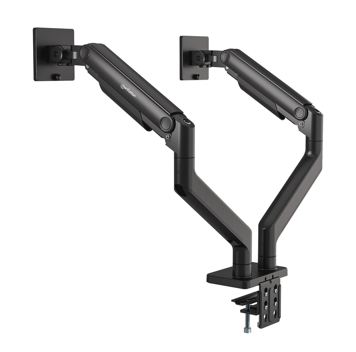 Manhattan Dual Desk Mount for TV & Monitors (Full Motion Spring), For screens 13" to 45", Clamp or Grommet Assembly, VESA compatibility: 75x75 and 100x100mm - check the dimensions of the four mounting holes on back of screen to ensure it fits, Max 20kg (e