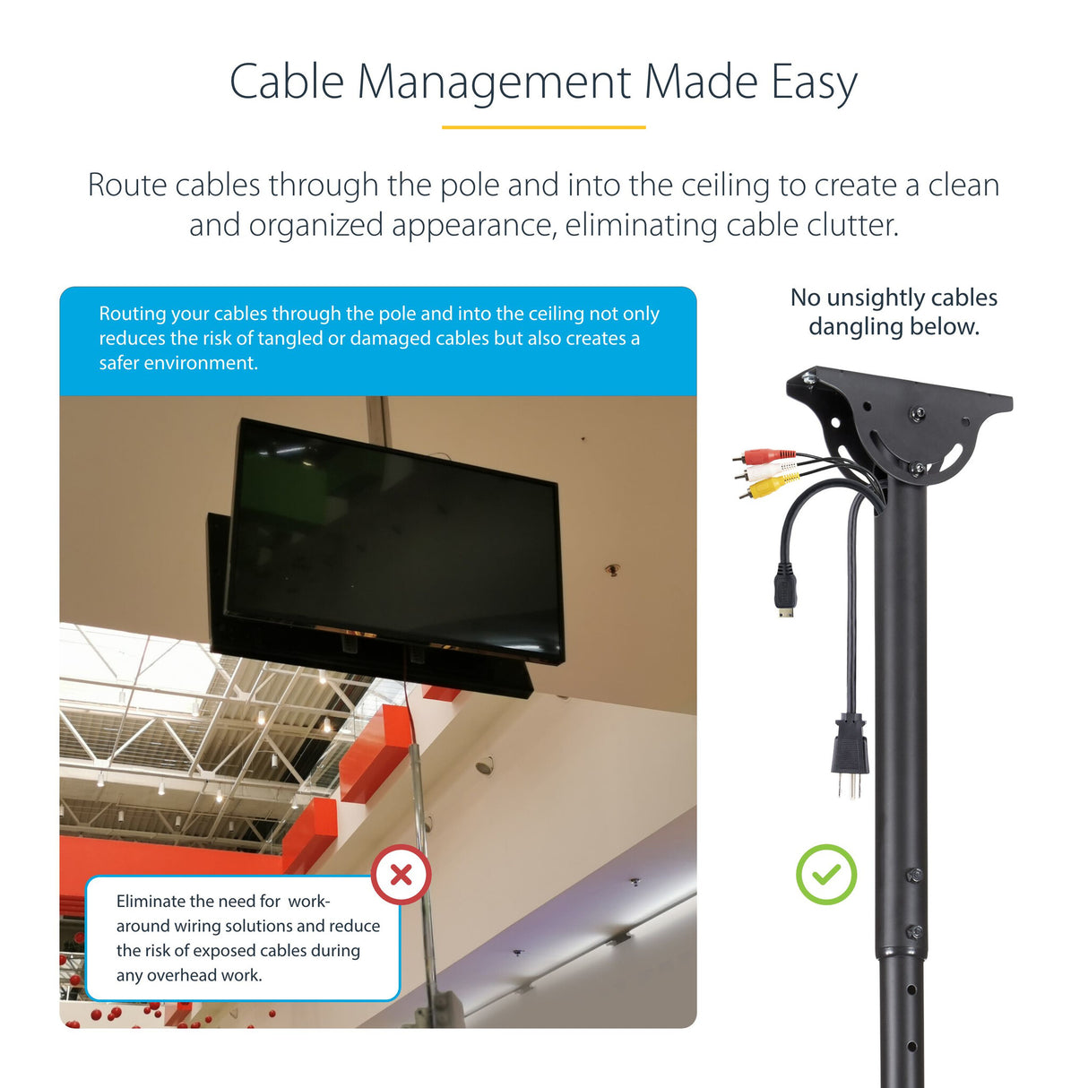 StarTech.com Dual TV Ceiling Mount - Back-to-Back Heavy Duty Hanging Dual Screen Mount with Adjustable Telescopic Pole - Tilt/Swivel/Rotate - VESA Bracket for 32”-75" Displays