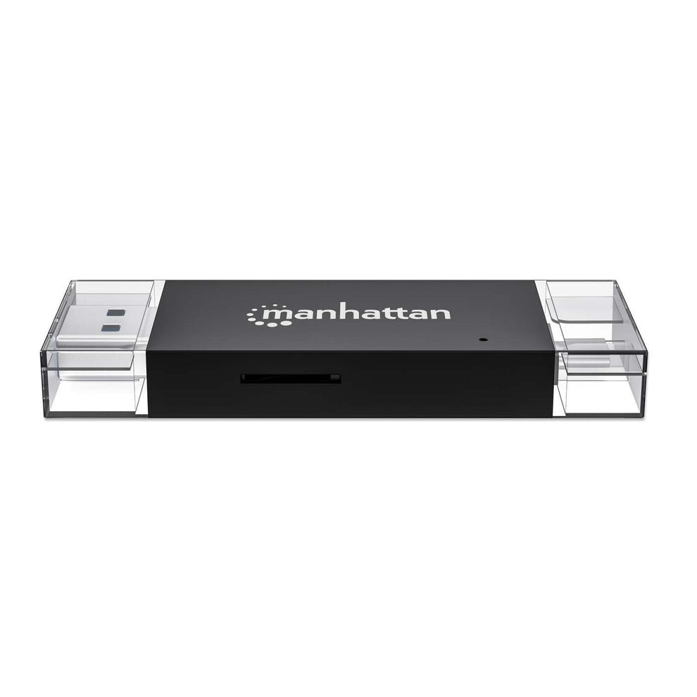 Manhattan USB-A / USB-C combo Multi-Card Reader/Writer, 5 Gbps (USB 3.2 Gen1 aka USB 3.0), Male to microSD and SD/MMC Slots, Mini Format, SuperSpeed USB, Windows or Mac, Black/Transparent, Three Year Warranty
