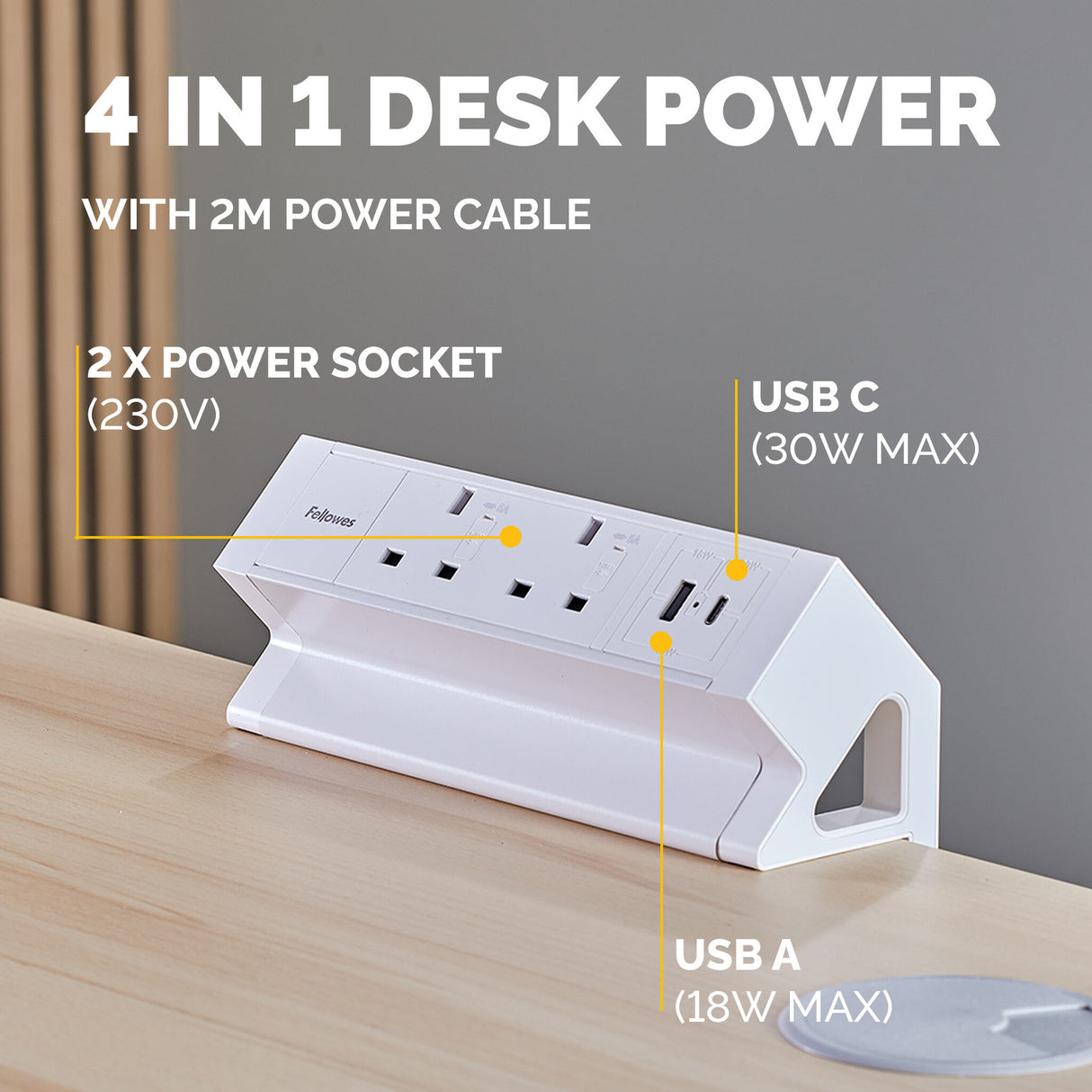 Fellowes Power Desk 2 Socket with 2 Power Sockets 1 USB-A & USB-C Ports White