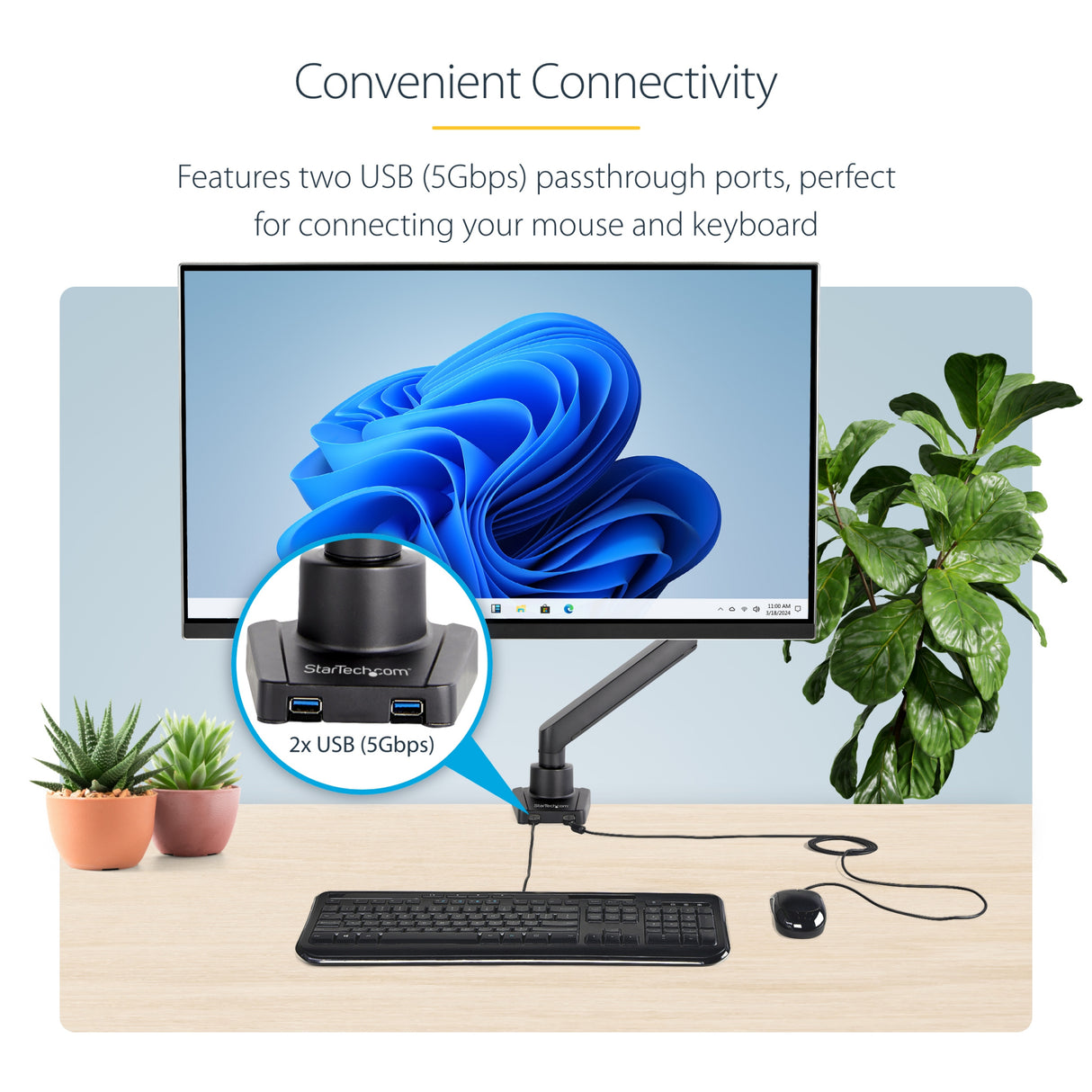 StarTech.com Desk Mount Monitor Arm with 2x USB 3.0 ports, Slim Full Motion Single Monitor Mount, up to 34" (17.6lb/8kg) VESA Display, Clamp/Grommet Mount, Mechanical Spring