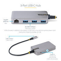 StarTech.com 3-Port USB-C Hub with Ethernet - 3x USB-A Ports, Gigabit Ethernet RJ45, USB 3.0 5Gbps, Bus-Powered, 1ft/30cm Long Cable - Portable Laptop USB Type-C Hub Adapter w/GbE