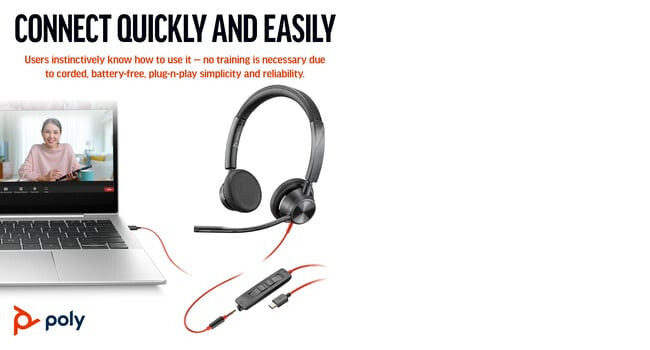 POLY Blackwire 3325 Stereo USB-C Headset +3.5mm Plug +USB-C/A Adapter