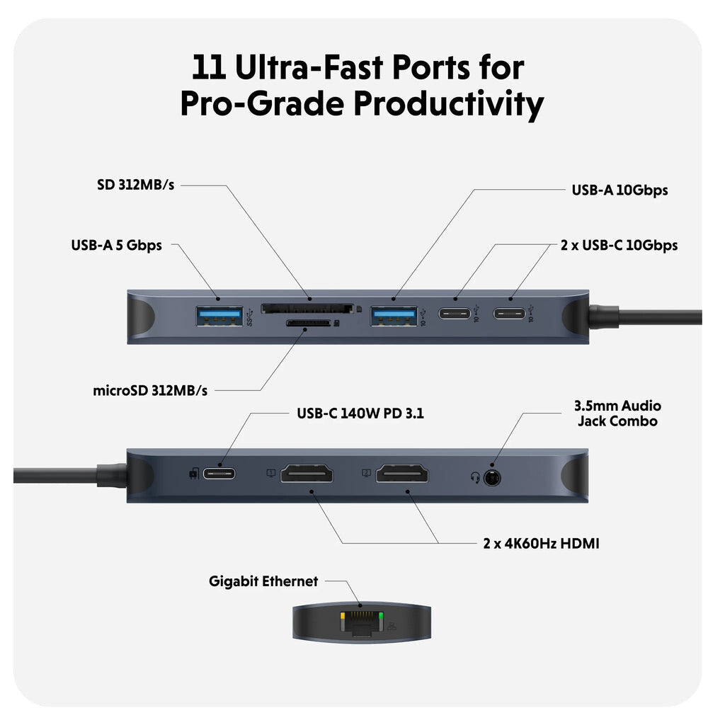 HYPER HD4006GL interface hub USB 3.2 Gen 1 (3.1 Gen 1) Type-C 10000 Mbit/s Blue, Grey