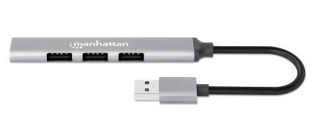 Manhattan USB-A 4-Port Hub, 4x USB-A Ports (1x 5 Gbps USB 3.2 Gen1 aka USB 3.0, 3 x 480 Mbps USB 2.0), USB powered (no external power supply required), Aluminium